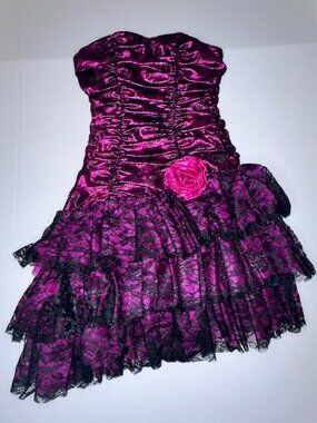 VTG Night Moves Prom Dress Sz 5/6 Fuchsia Pink Metallic Black Lace asymmetrical